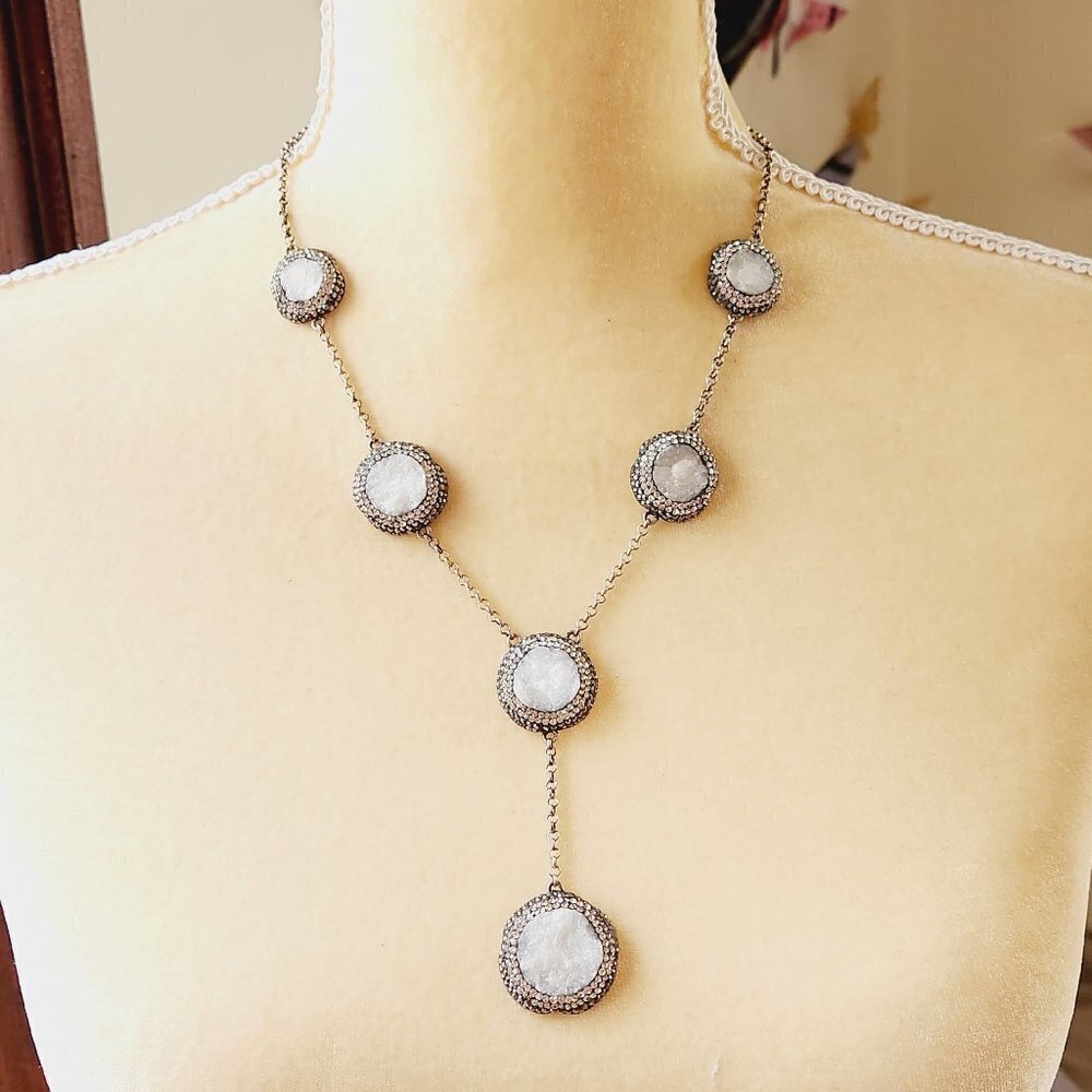 White Druzy Crystal Encrusted Medallions Y Drop Lariat 925 Silver Boho Necklace
